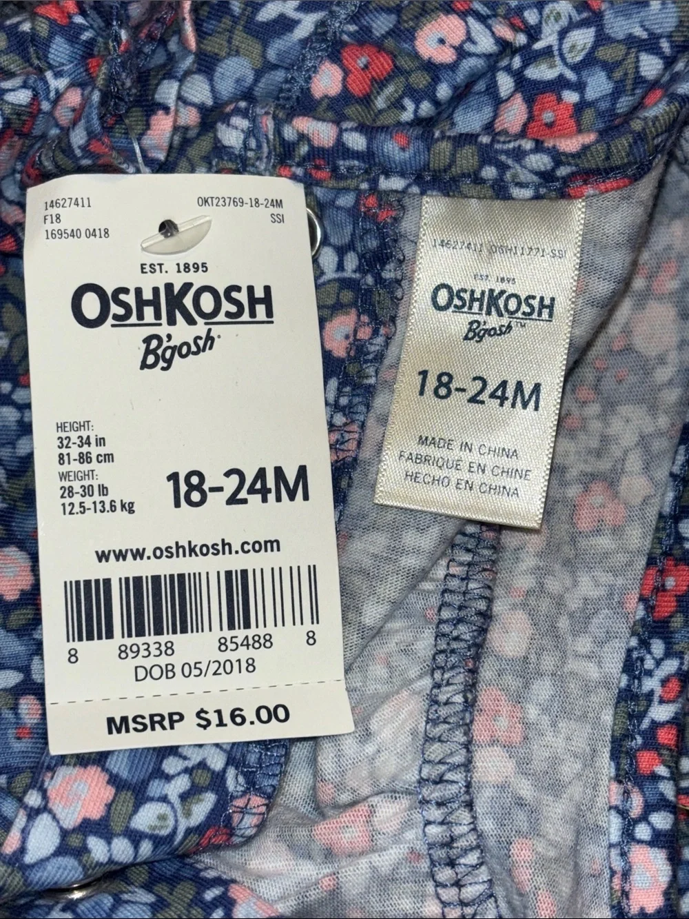 NWT OshKosh B'gosh Blue Floral One-Piece Bodysuit infants size 18-24 months